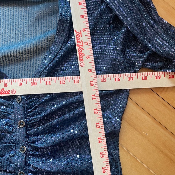 FREE PEOPLE Sequin Shirtee Varsity Navy Top Blouse Semi Sheer Boho Revolve - Picture 13 of 15